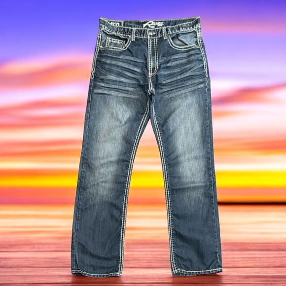 Request Y2K Relaxed Straight Distressed Embroidered Blue Denim Men's Jeans 34x34 - Picture 1 of 13